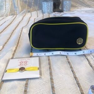 Tory Burch Black Cosmetic Pouch with Yellow Trim matching hair tie/bracelet NWOT